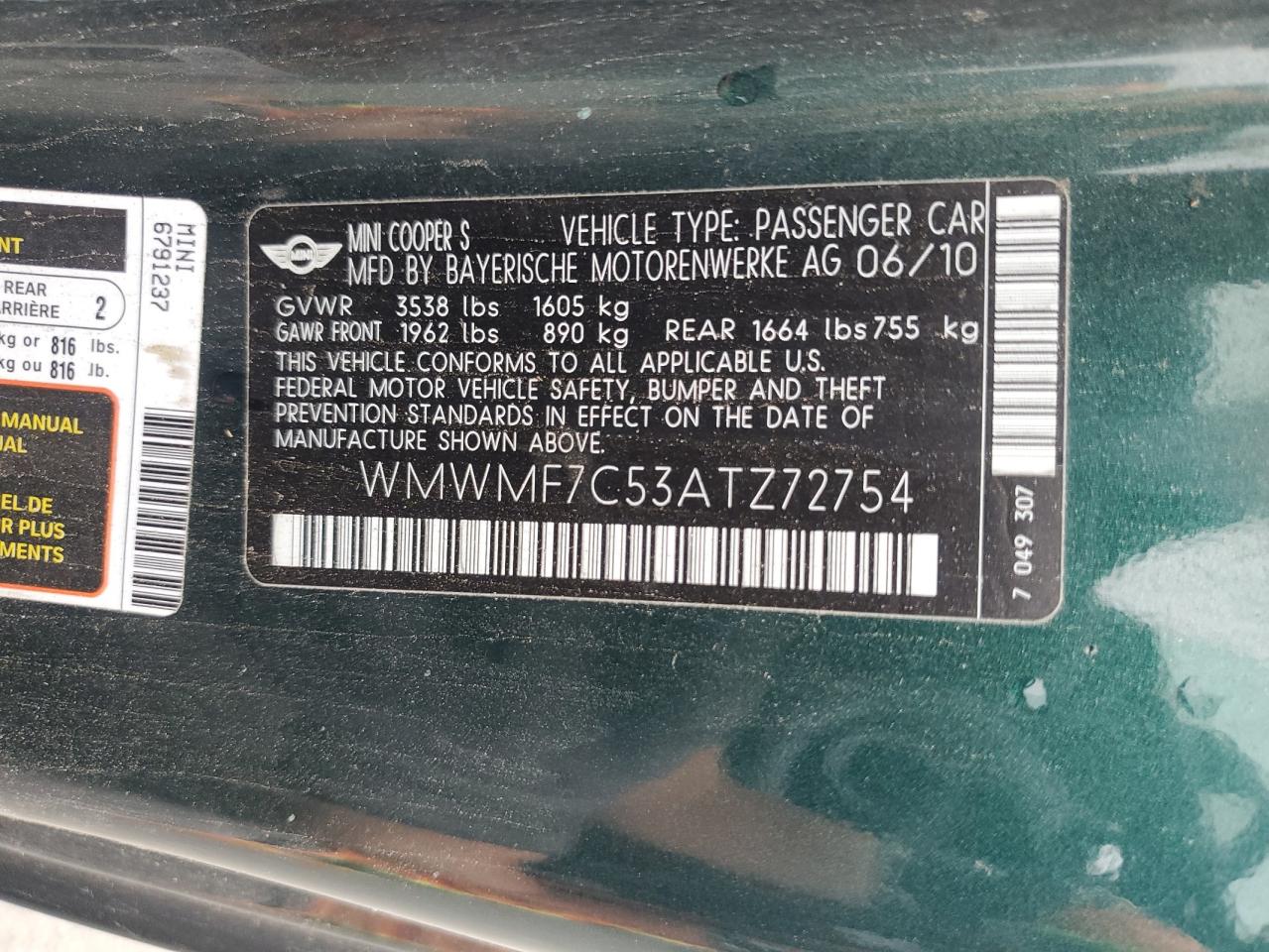 2010 Mini Cooper S VIN: WMWMF7C53ATZ72754 Lot: 83887425