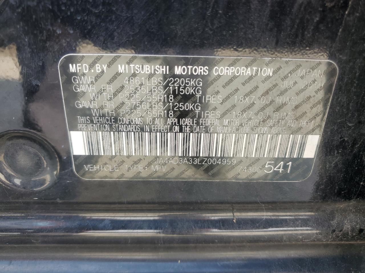 2020 Mitsubishi Outlander Se VIN: JA4AD3A33LZ004959 Lot: 70453645