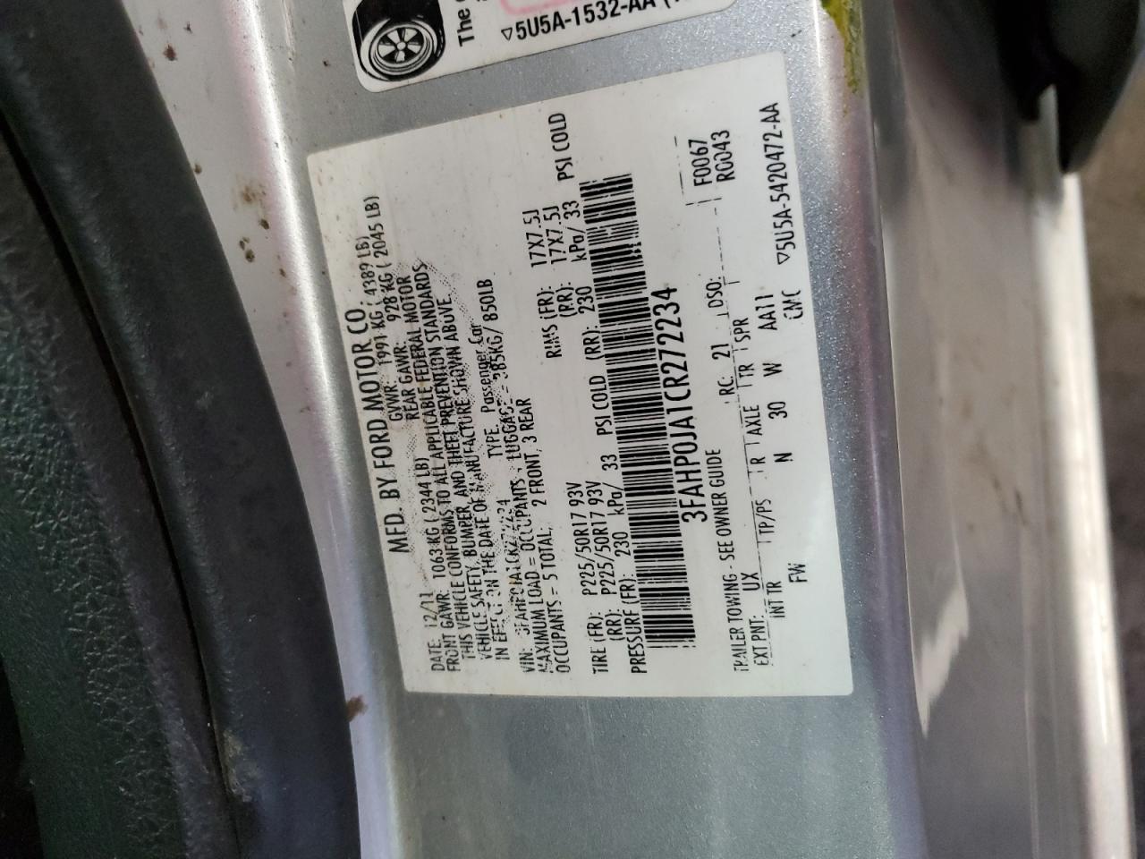 2012 Ford Fusion Sel VIN: 3FAHP0JA1CR272234 Lot: 80843375