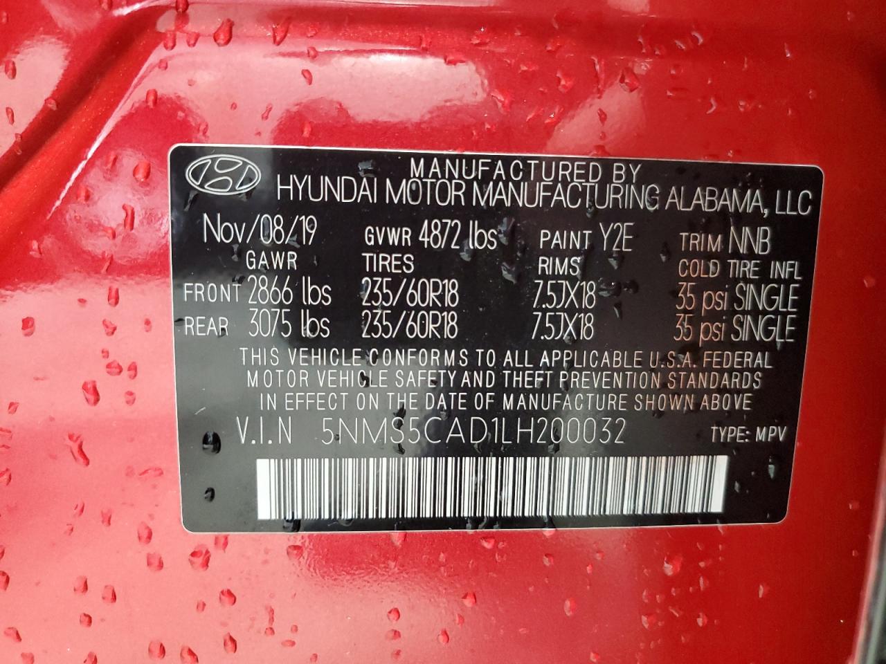 2020 Hyundai Santa Fe Limited VIN: 5NMS5CAD1LH200032 Lot: 81667615