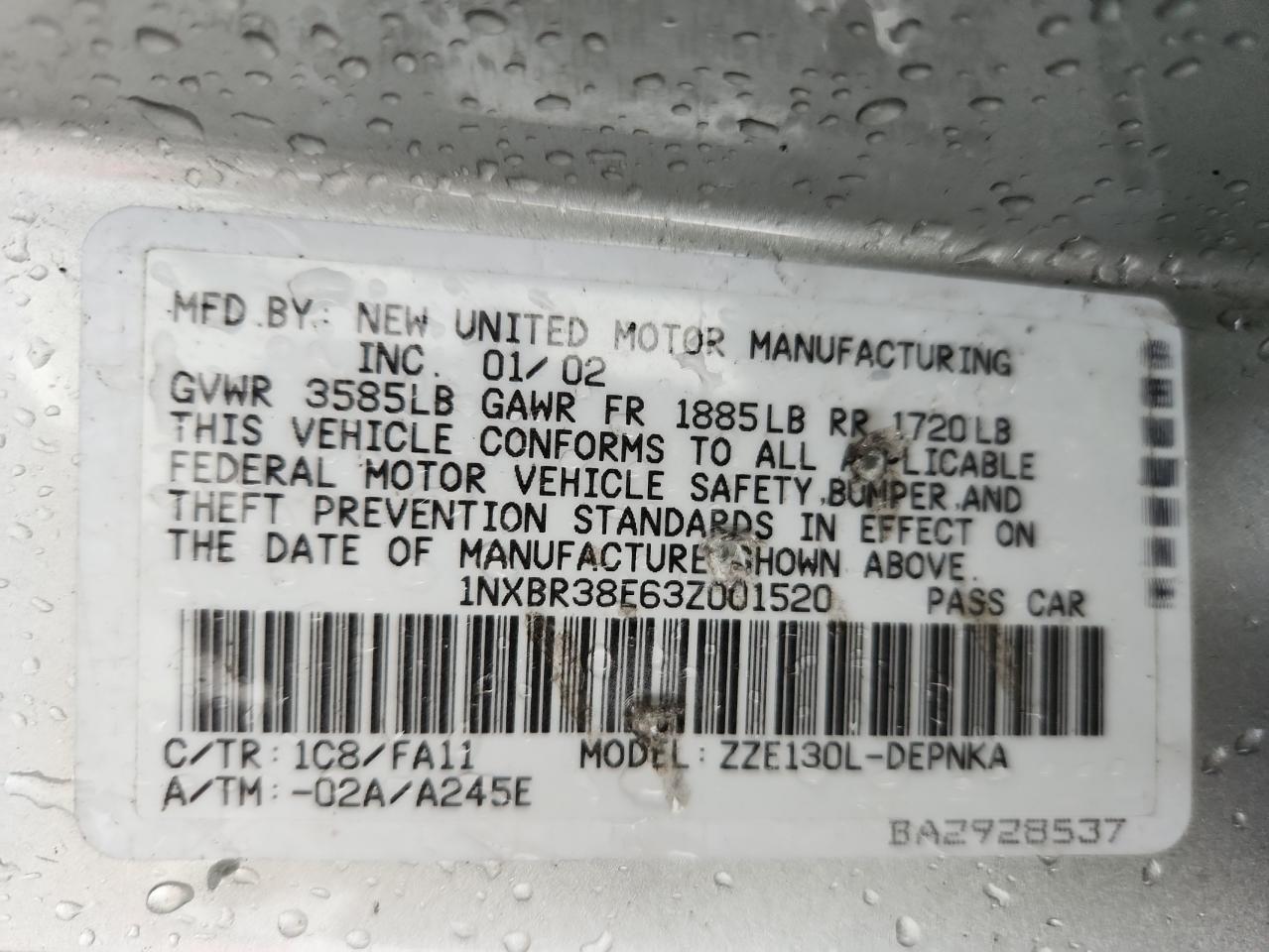 2003 Toyota Corolla Ce VIN: 1NXBR38E63Z001520 Lot: 80890925