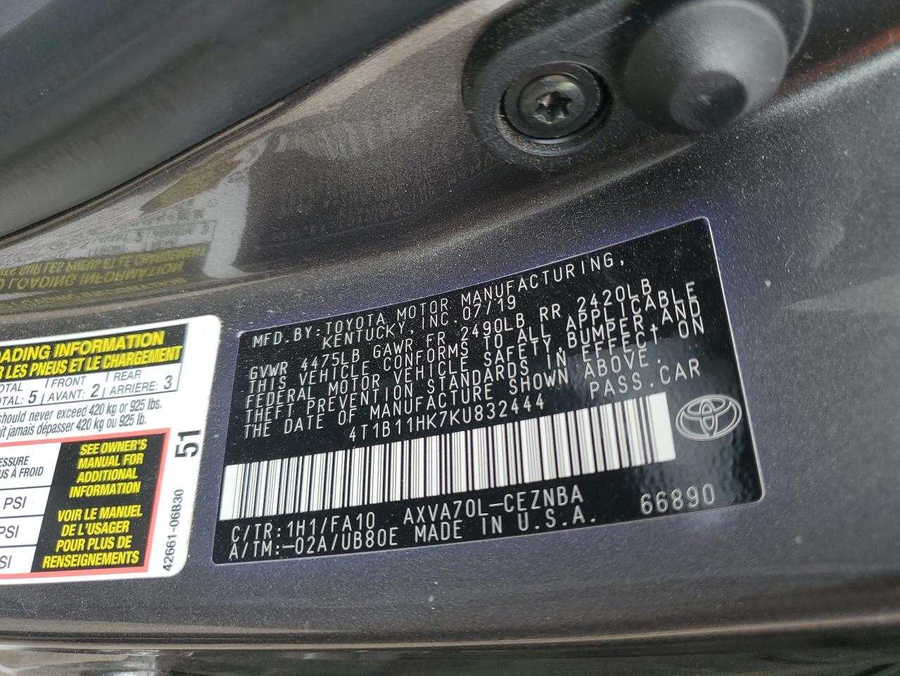 2019 Toyota Camry L VIN: 4T1B11HK7KU832444 Lot: 83826475