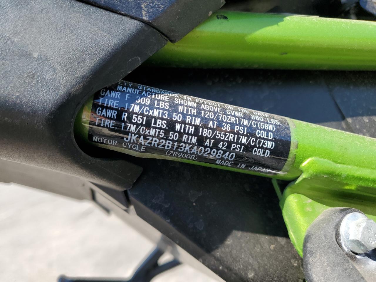 2019 Kawasaki Zr900 VIN: JKAZR2B13KA029840 Lot: 80618105