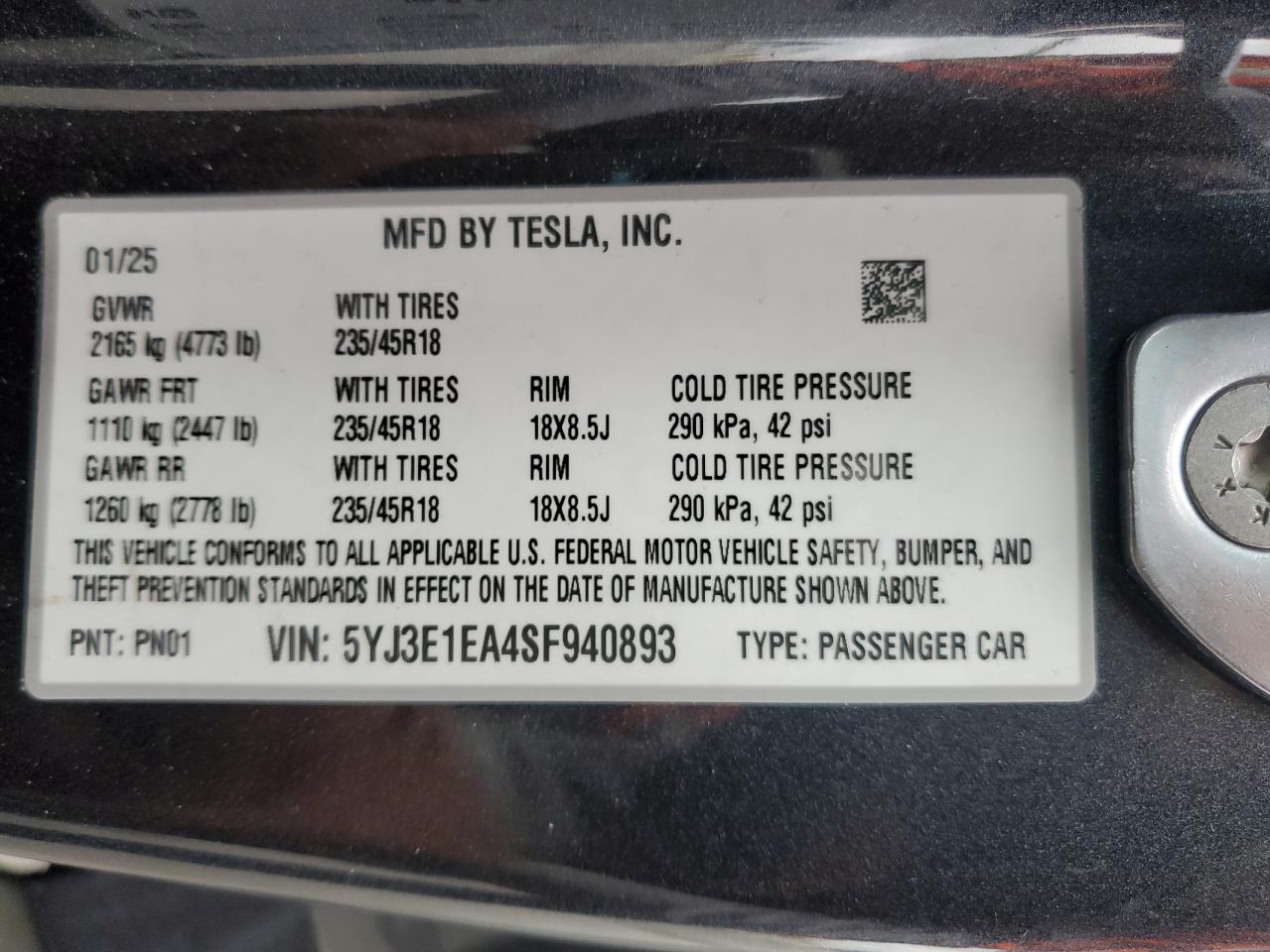 2025 Tesla Model 3 VIN: 5YJ3E1EA4SF940893 Lot: 84287815
