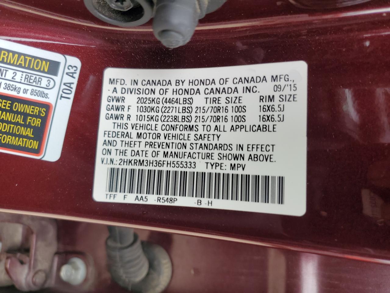 2015 Honda Cr-V Lx VIN: 2HKRM3H36FH555333 Lot: 81281135