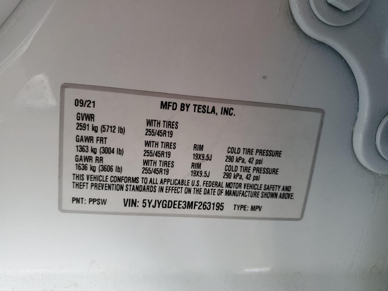 2021 Tesla Model Y VIN: 5YJYGDEE3MF263195 Lot: 71460845