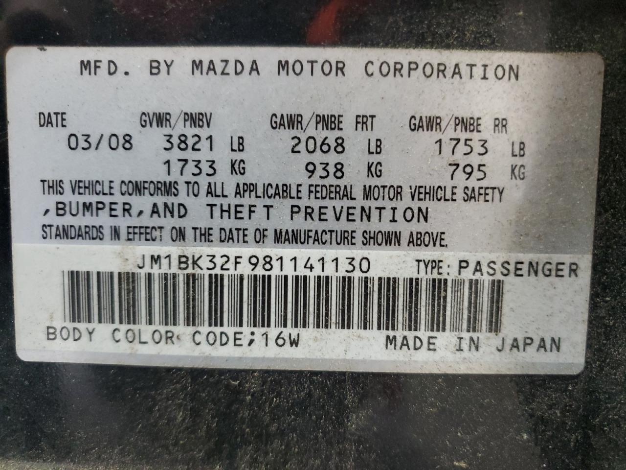 2008 Mazda 3 I VIN: JM1BK32F981141130 Lot: 84374825