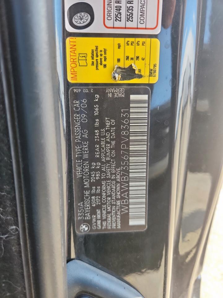 2007 BMW 335 I VIN: WBAWB73567PV83631 Lot: 81866865