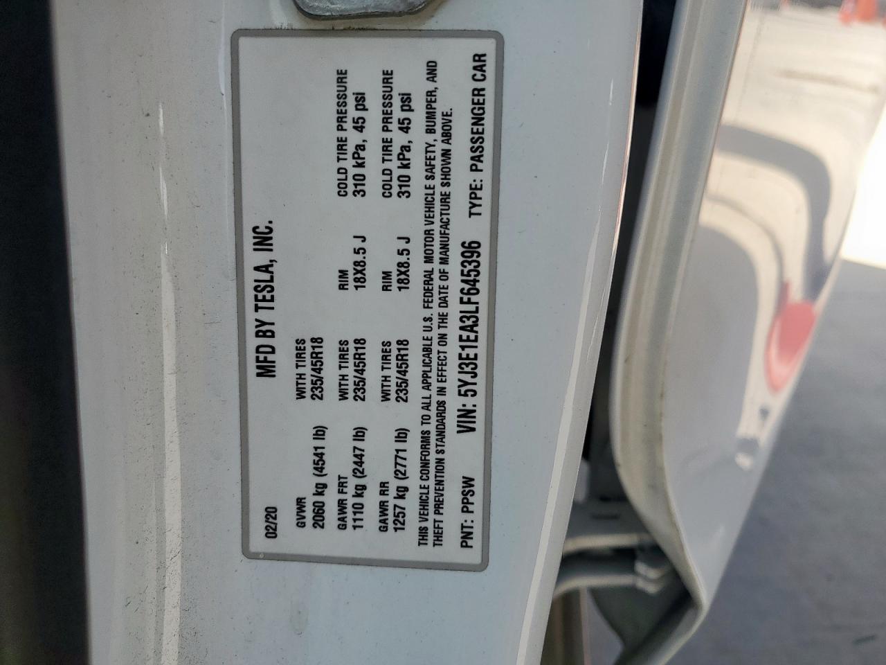 2020 Tesla Model 3 VIN: 5YJ3E1EA3LF645396 Lot: 84365155