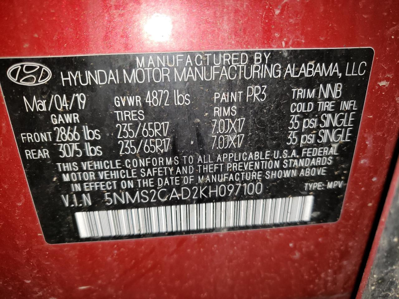 2019 Hyundai Santa Fe Se VIN: 5NMS2CAD2KH097100 Lot: 82129205