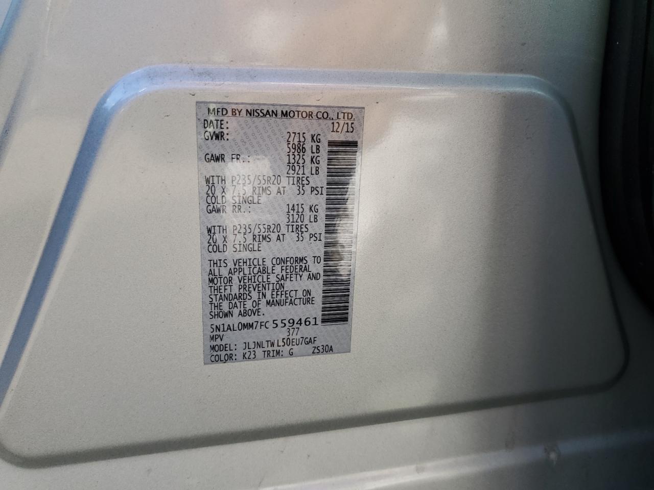 2015 Infiniti Qx60 VIN: 5N1AL0MM7FC559461 Lot: 70999975