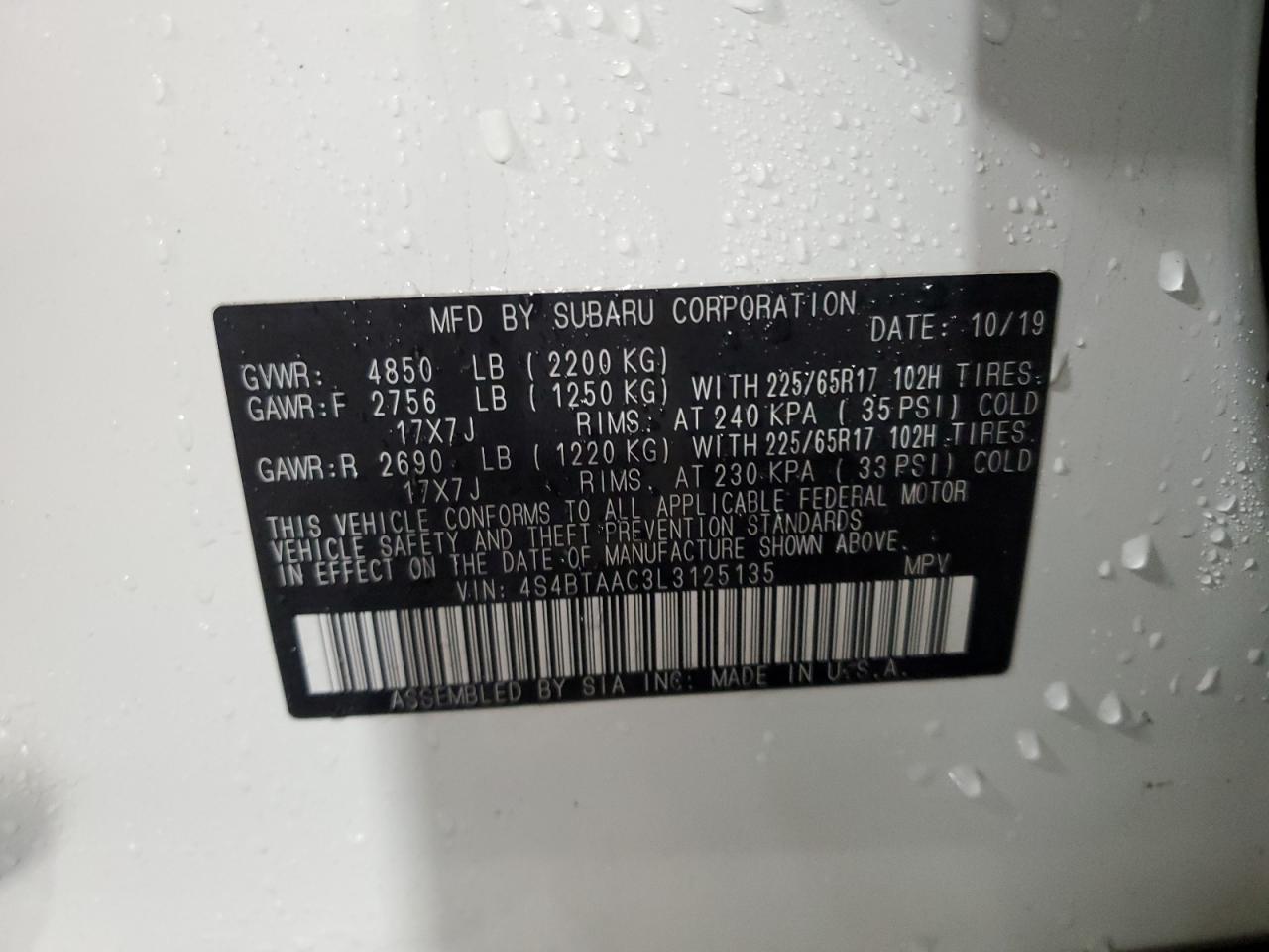 2020 Subaru Outback VIN: 4S4BTAAC3L3125135 Lot: 84293515