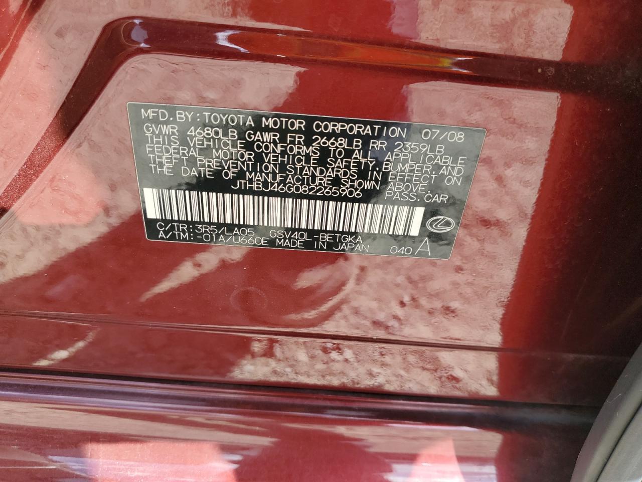 2008 Lexus Es 350 VIN: JTHBJ46G082265906 Lot: 72048335