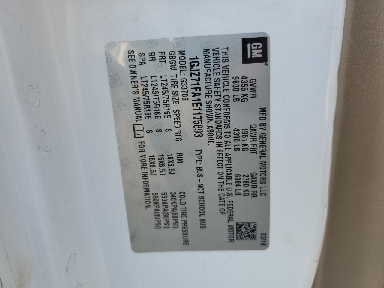 2014 GMC Savana G3500 Lt VIN: 1GJZ71FA1E1175893 Lot: 84271335