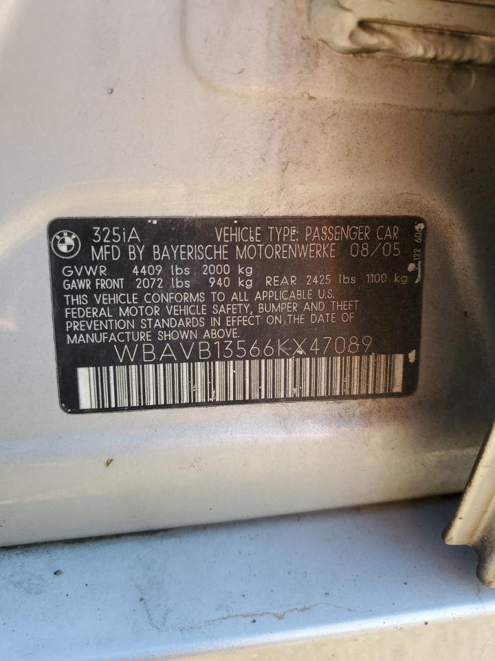 2006 BMW 325 I VIN: WBAVB13566KX47089 Lot: 72093975