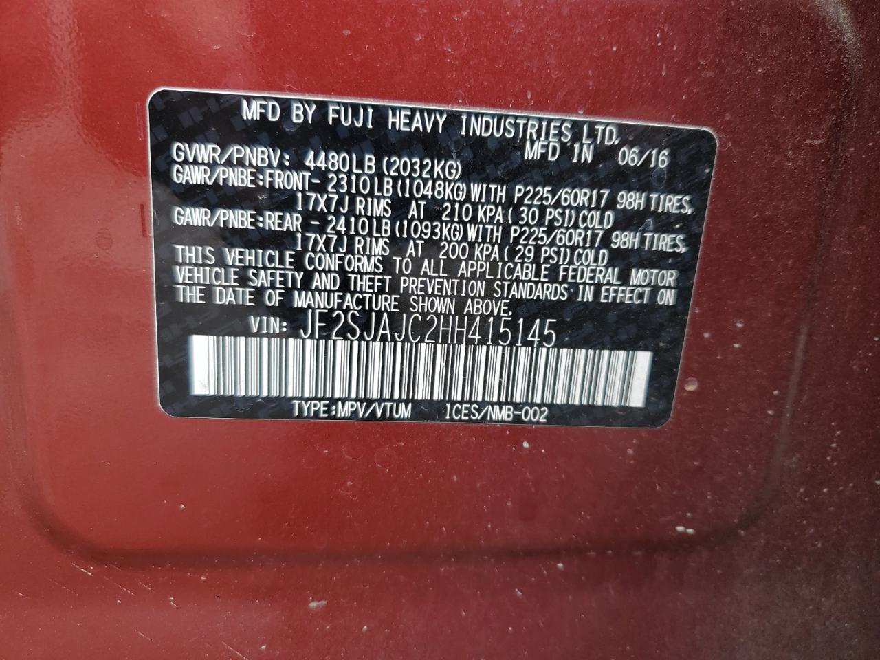 2017 Subaru Forester 2.5I Limited VIN: JF2SJAJC2HH415145 Lot: 81021065