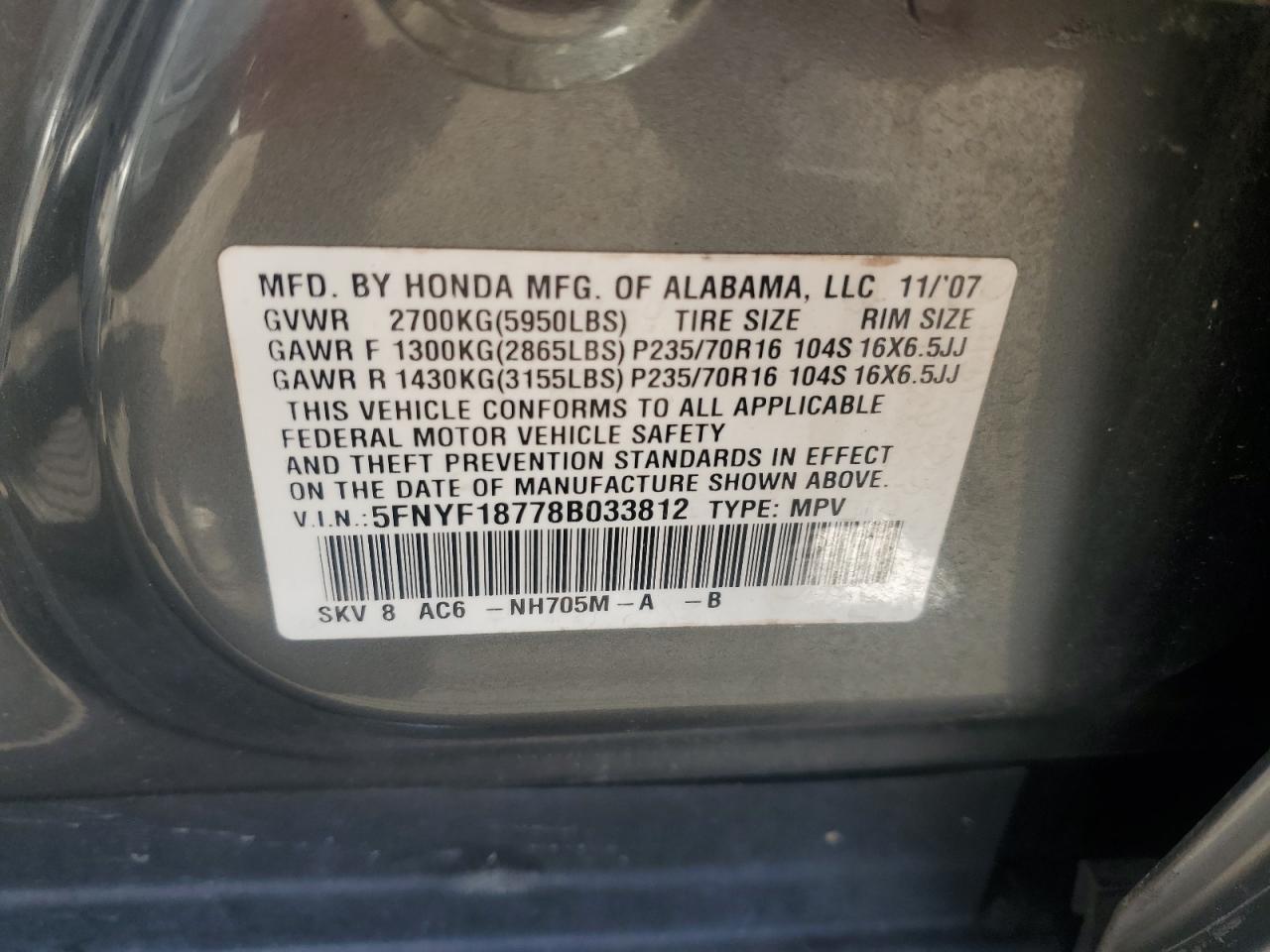 2008 Honda Pilot Exl VIN: 5FNYF18778B033812 Lot: 81301285