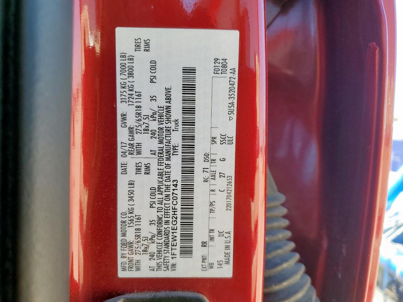 2017 Ford F150 Supercrew VIN: 1FTEW1EG2HFC07143 Lot: 84394225