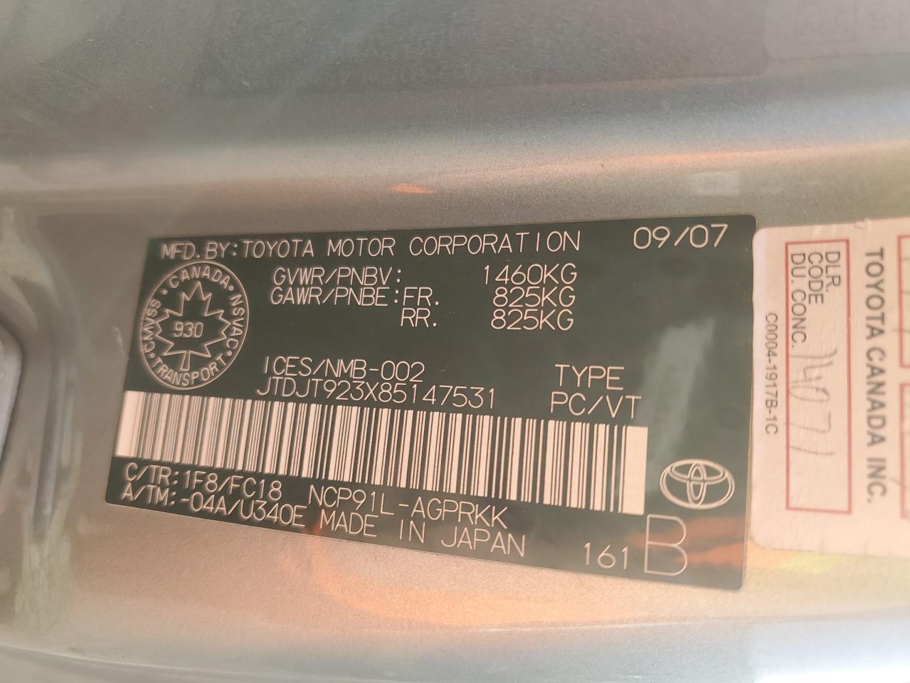 2008 Toyota Yaris VIN: JTDJT923X85147531 Lot: 83953335