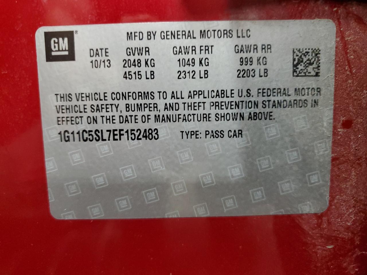 2014 Chevrolet Malibu 1Lt VIN: 1G11C5SL7EF152483 Lot: 71320685