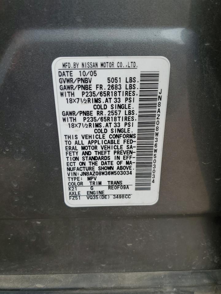 2006 Nissan Murano Sl VIN: JN8AZ08W36W503034 Lot: 71490465