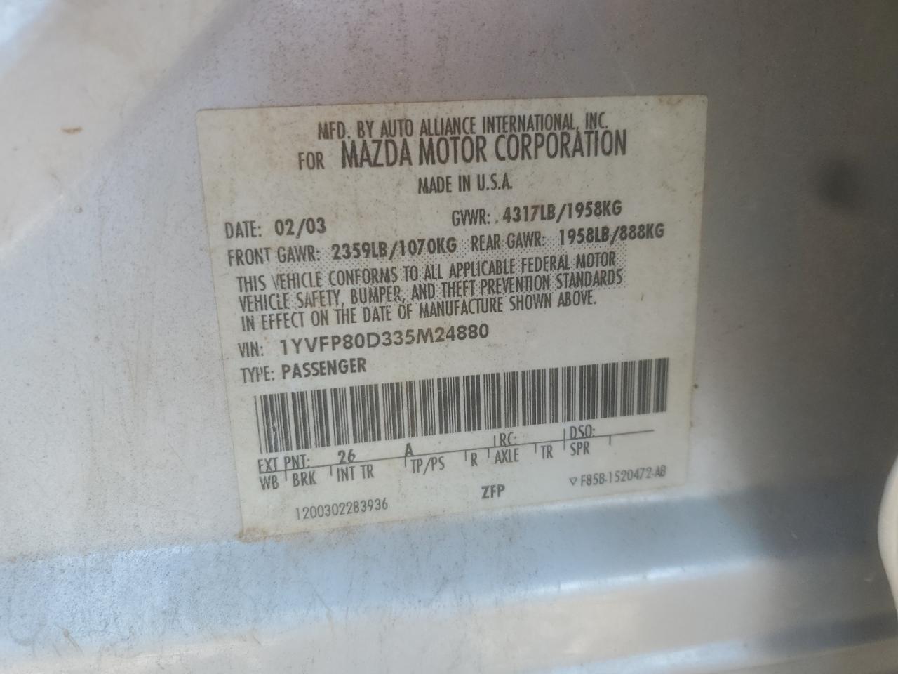 2003 Mazda 6 S VIN: 1YVFP80D335M24880 Lot: 71673005