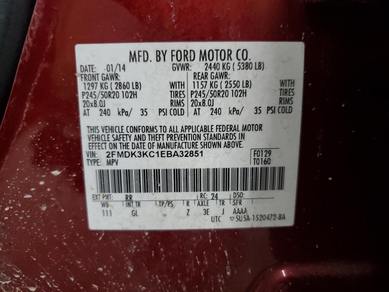 2014 Ford Edge Limited VIN: 2FMDK3KC1EBA32851 Lot: 80000515