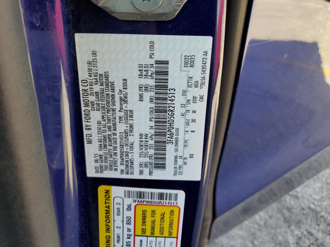 2016 Ford Fusion Se VIN: 3FA6P0HD5GR214513 Lot: 84362865