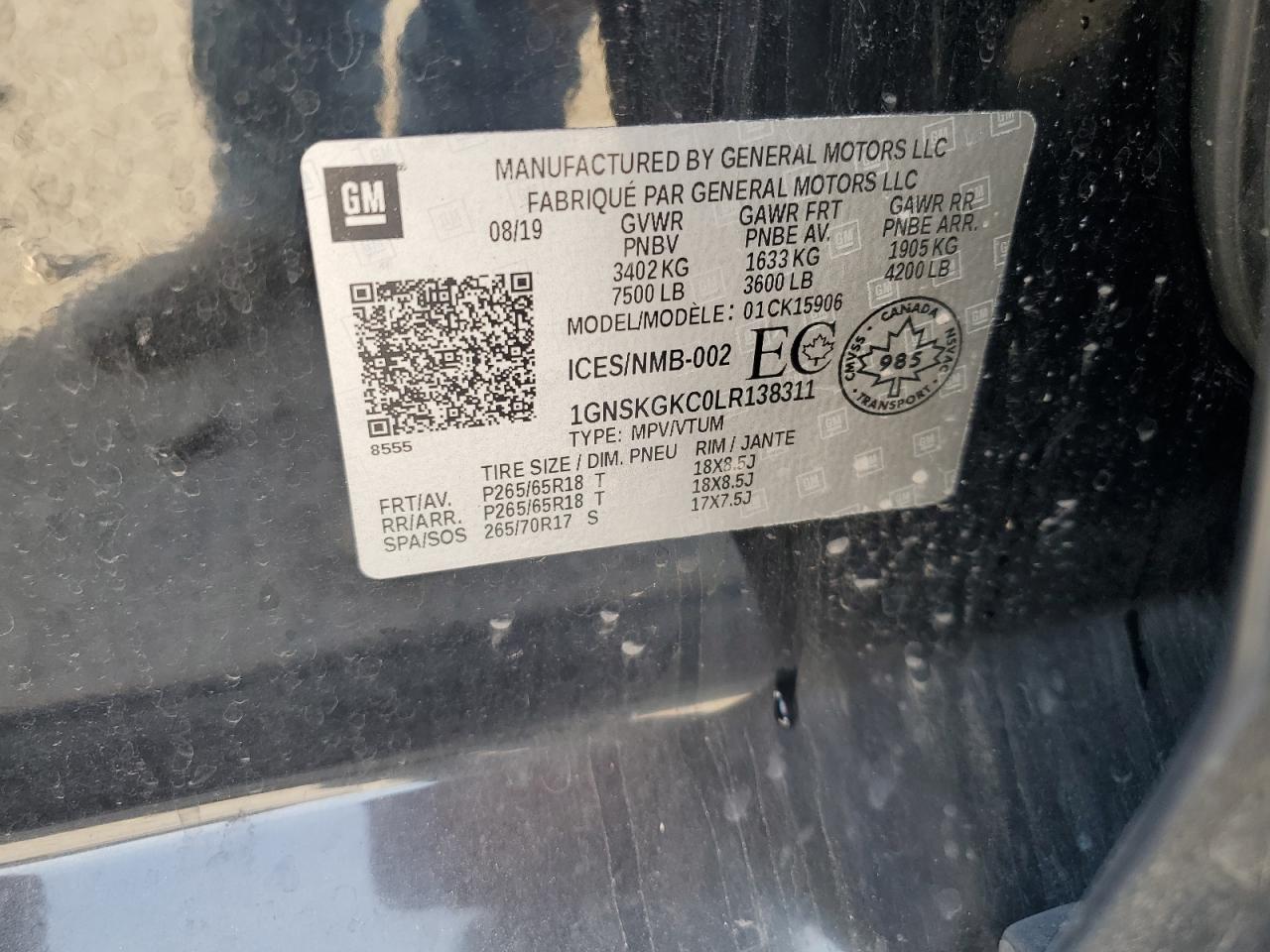 2020 Chevrolet Suburban K1500 Ls VIN: 1GNSKGKC0LR138311 Lot: 83872915