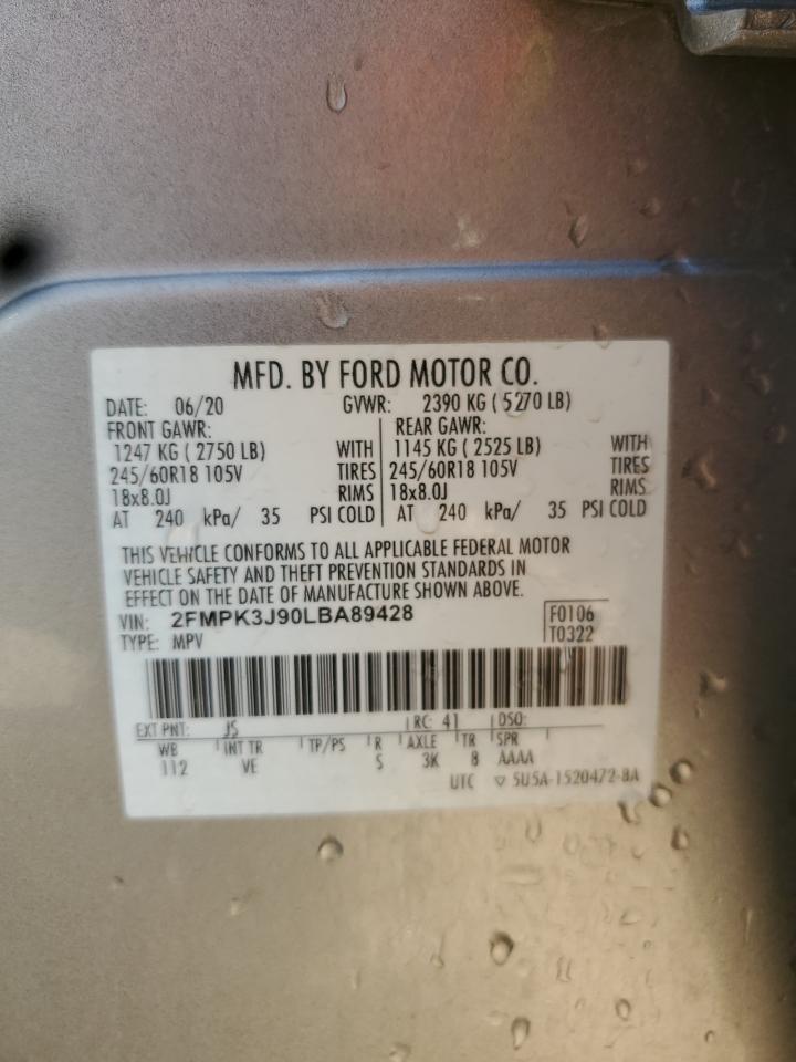 2020 Ford Edge Sel VIN: 2FMPK3J90LBA89428 Lot: 80747535