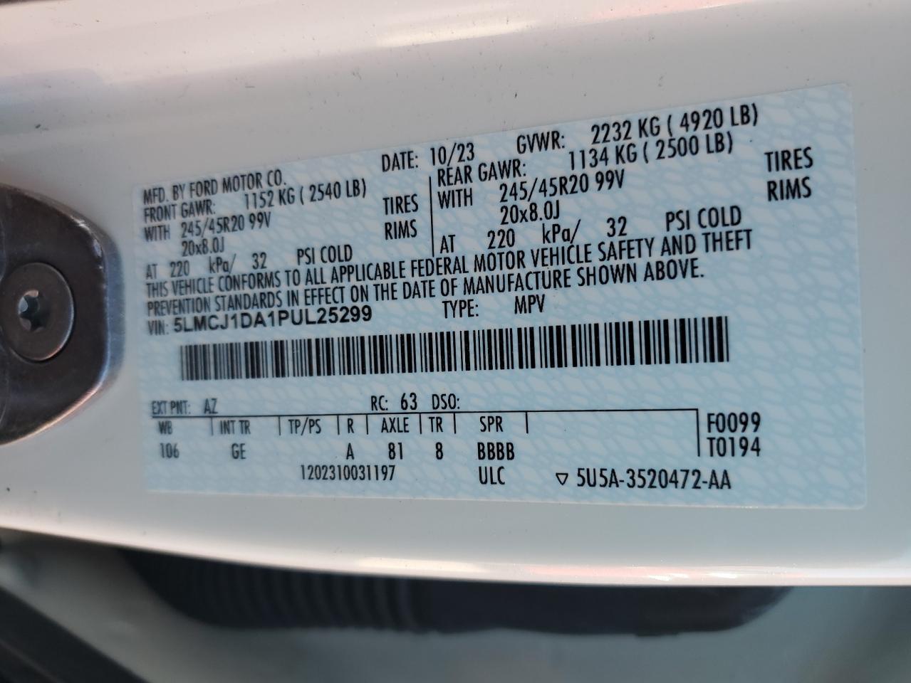 2023 Lincoln Corsair VIN: 5LMCJ1DA1PUL25299 Lot: 80923765