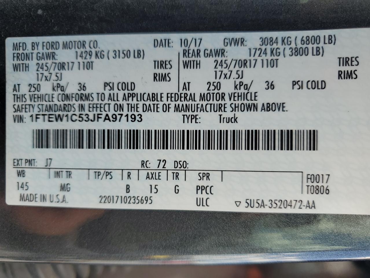 2018 Ford F150 Supercrew VIN: 1FTEW1C53JFA97193 Lot: 93628295