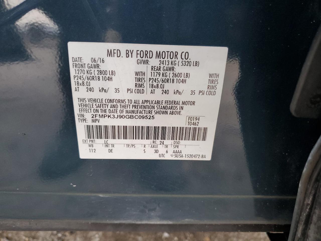 2016 Ford Edge Sel VIN: 2FMPK3J90GBC09525 Lot: 84039925