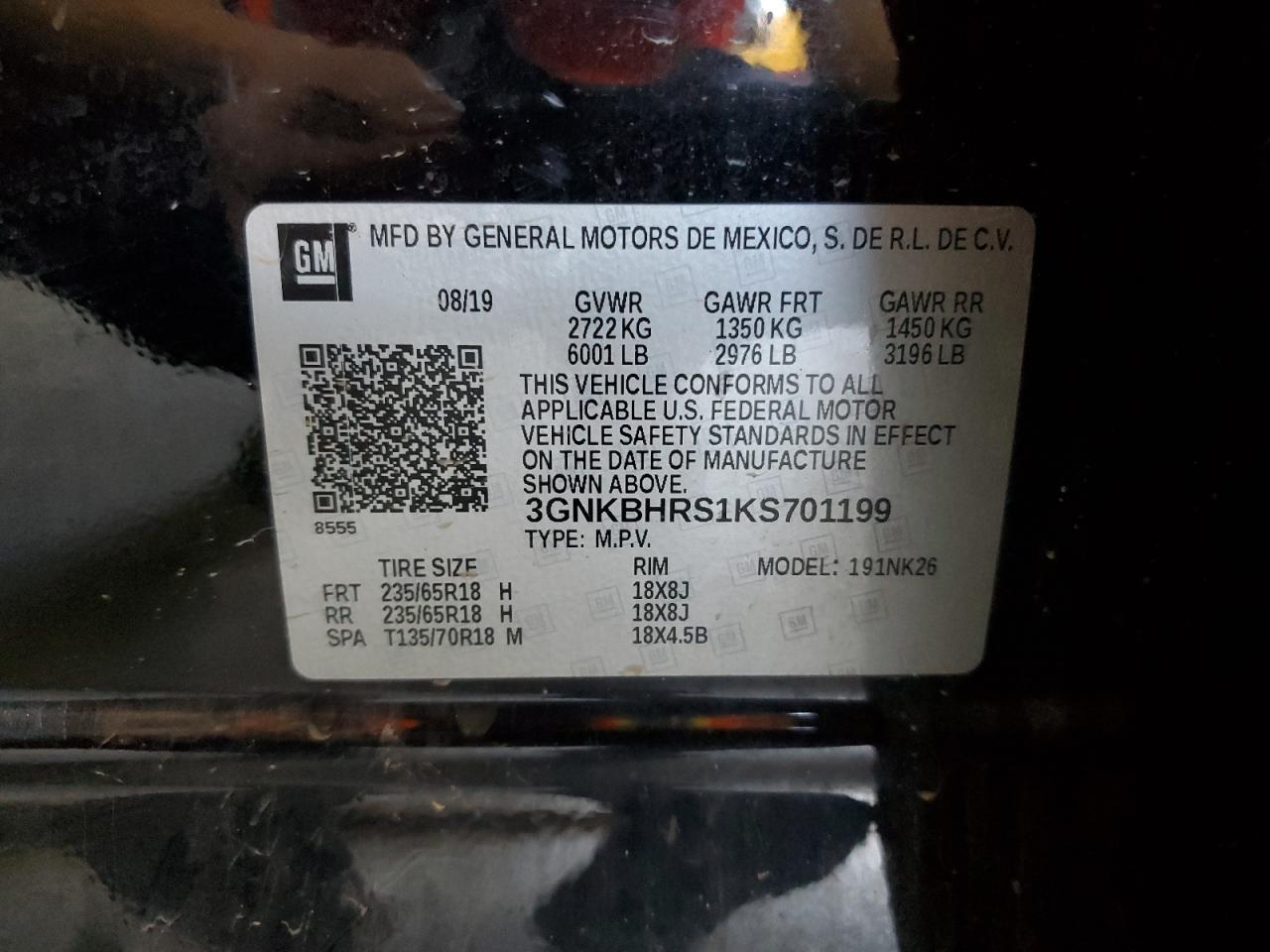 2019 Chevrolet Blazer 3Lt VIN: 3GNKBHRS1KS701199 Lot: 71450775