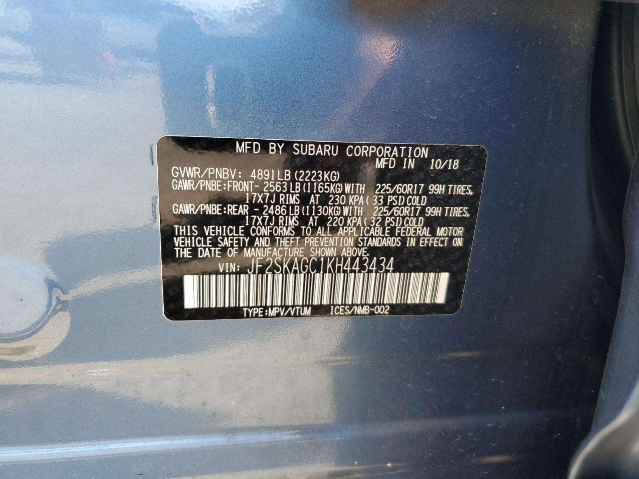 2019 Subaru Forester Premium VIN: JF2SKAGC1KH443434 Lot: 72102535