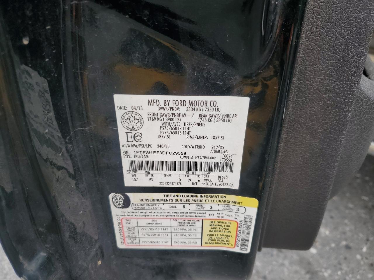 2013 Ford F150 Supercrew VIN: 1FTFW1EF3DFC29559 Lot: 81723695