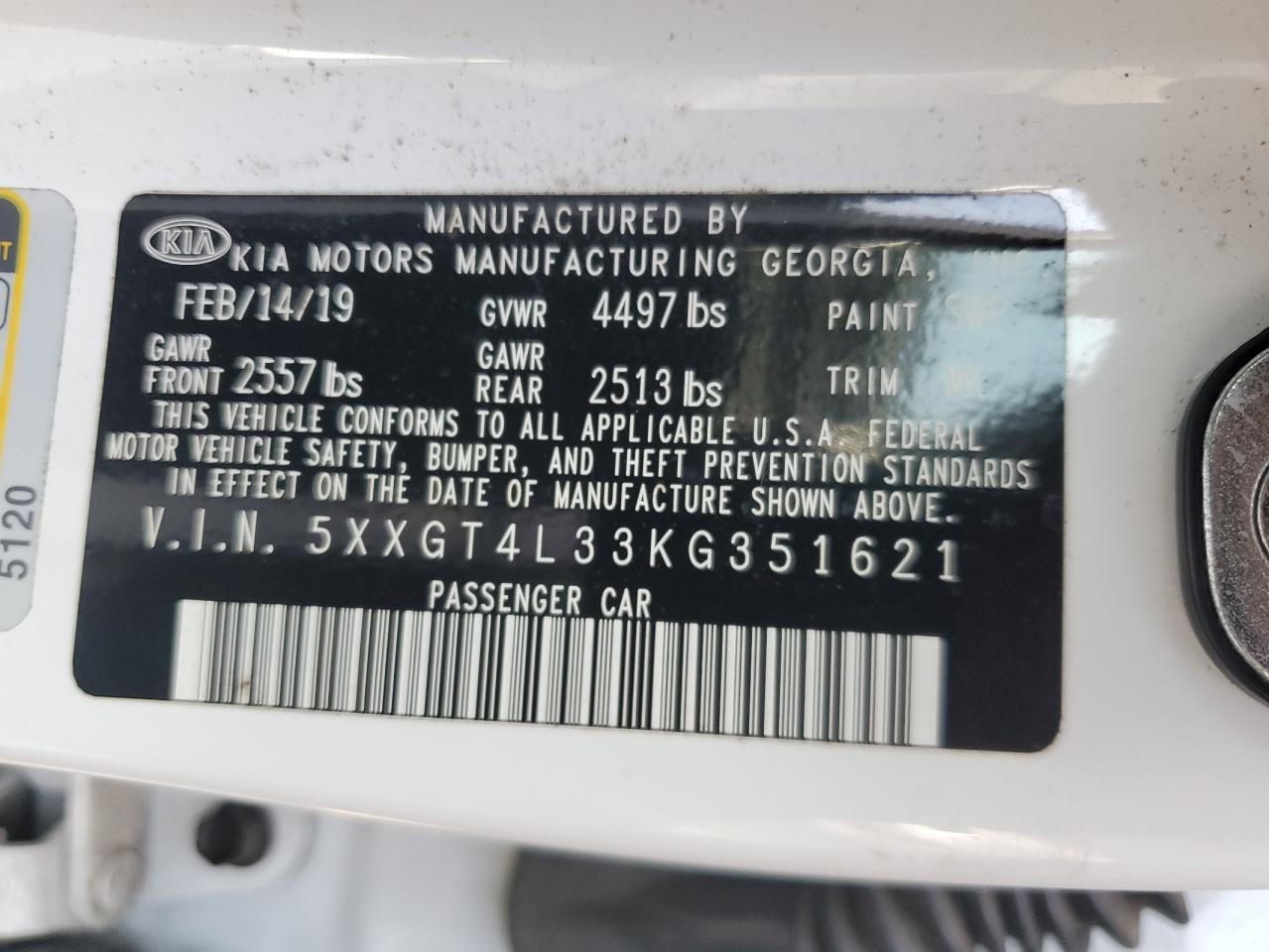 2019 Kia Optima Lx VIN: 5XXGT4L33KG351621 Lot: 71971345