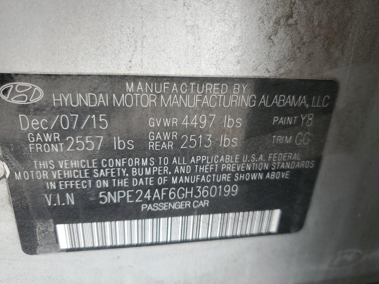 2016 Hyundai Sonata Se VIN: 5NPE24AF6GH360199 Lot: 71853995