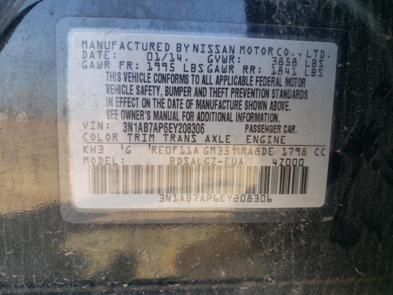 2014 Nissan Sentra S VIN: 3N1AB7AP6EY208306 Lot: 81862195