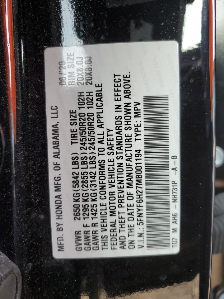 2021 Honda Pilot Se VIN: 5FNYF6H27MB001194 Lot: 80111415