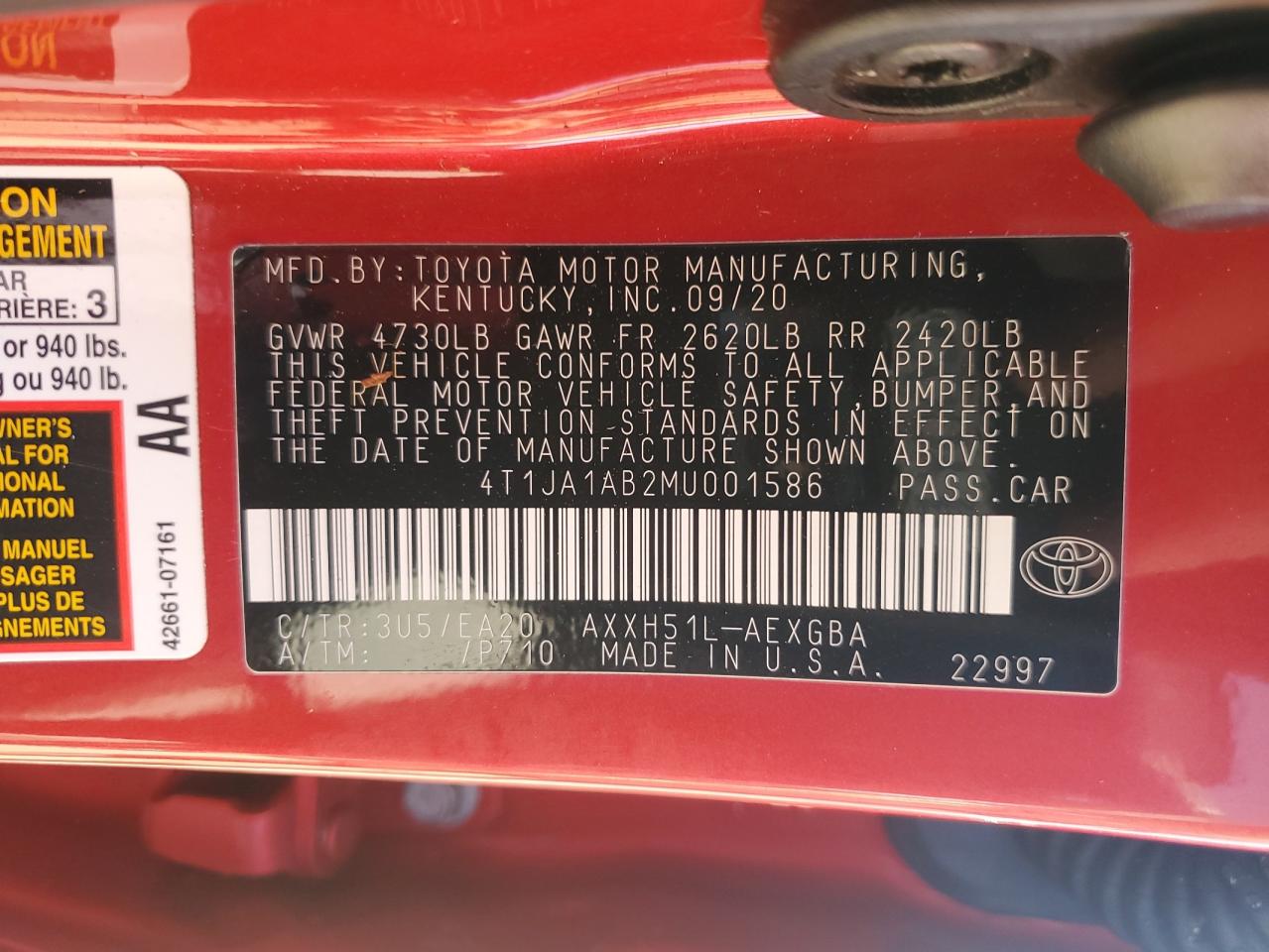 2021 Toyota Avalon Xle VIN: 4T1JA1AB2MU001586 Lot: 80830695