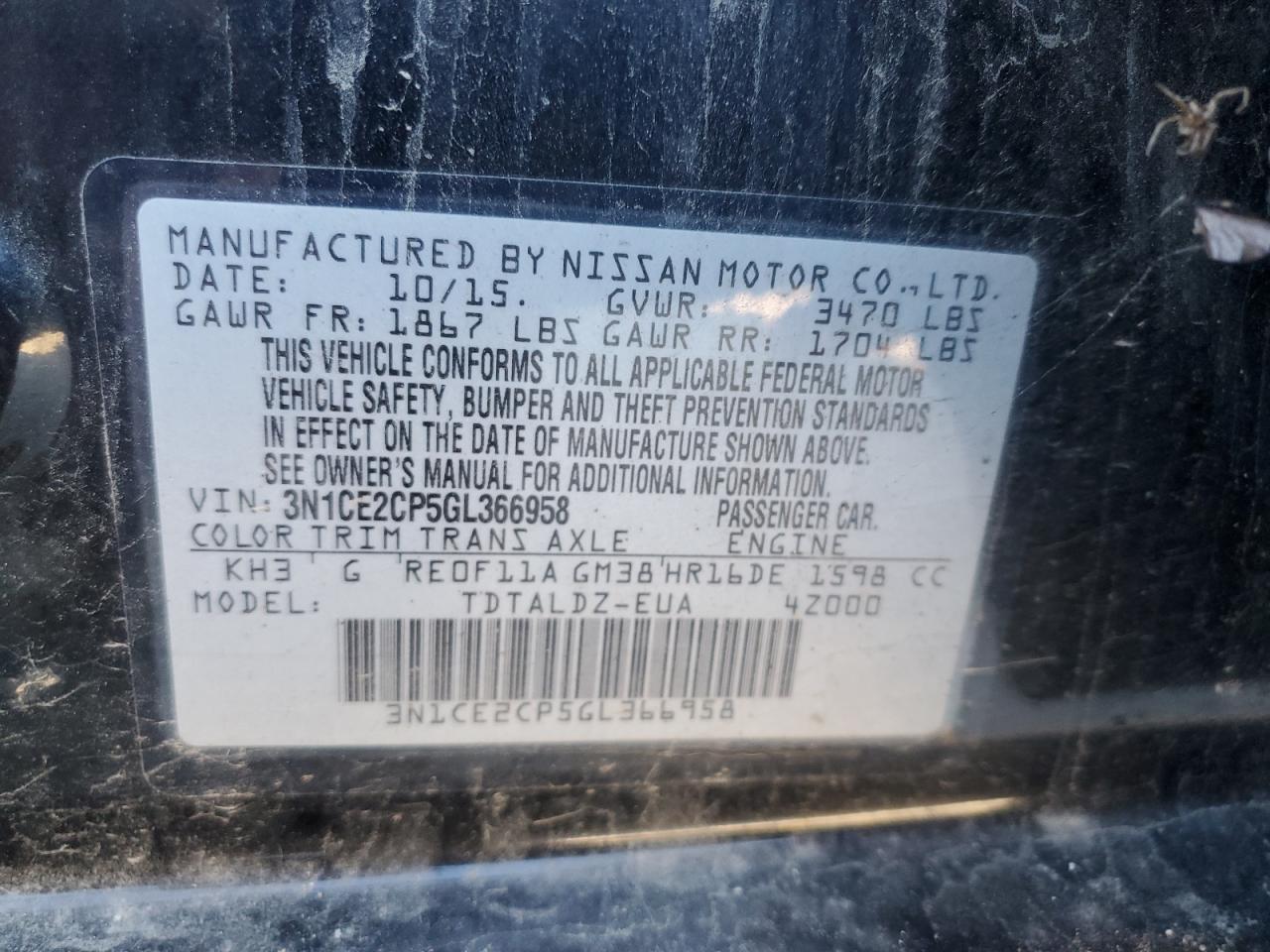 2016 Nissan Versa Note S VIN: 3N1CE2CP5GL366958 Lot: 84626805