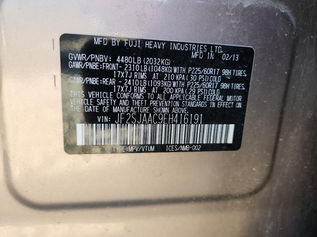 2014 Subaru Forester 2.5I VIN: JF2SJAAC9EH416191 Lot: 64518785