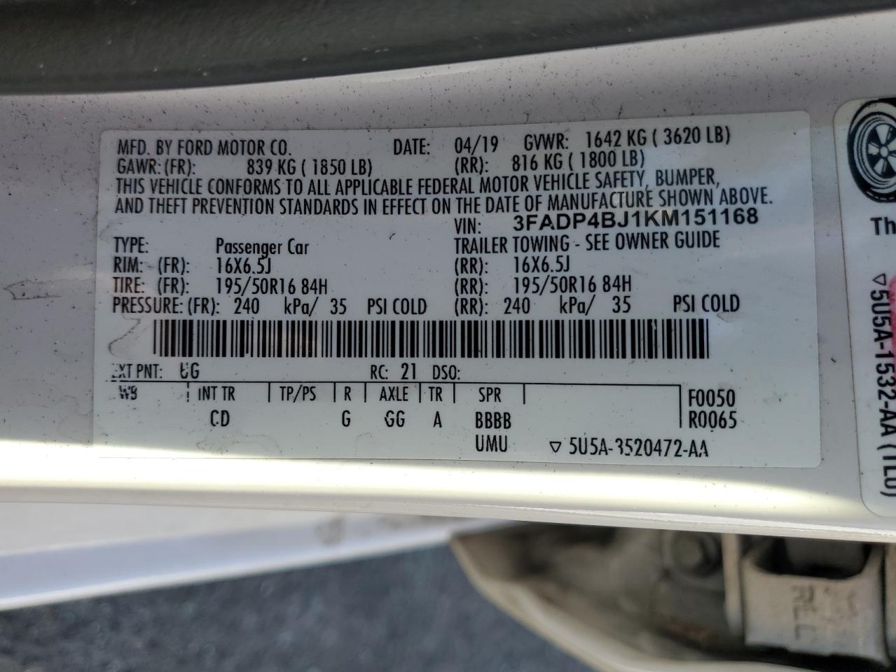 2019 Ford Fiesta Se VIN: 3FADP4BJ1KM151168 Lot: 81166125