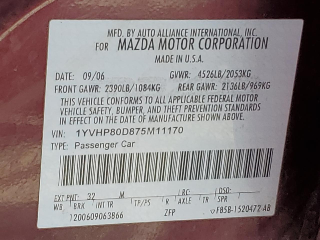 2007 Mazda 6 S VIN: 1YVHP80D875M11170 Lot: 81082895