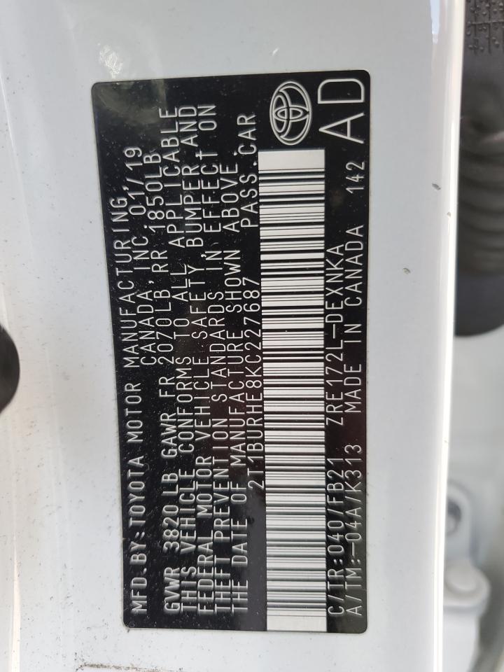 2019 Toyota Corolla L VIN: 2T1BURHE8KC227687 Lot: 71792345