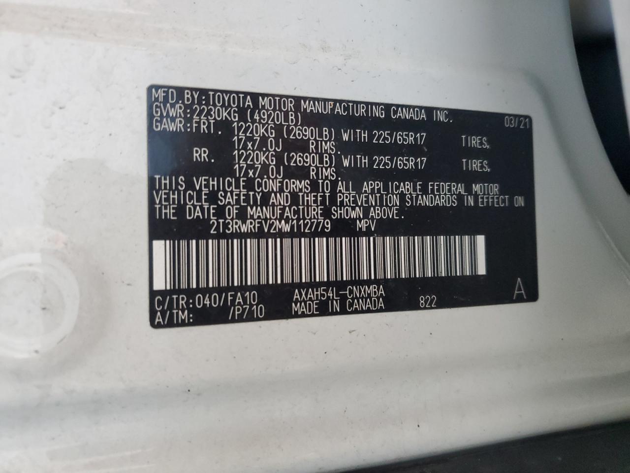 2021 Toyota Rav4 Xle VIN: 2T3RWRFV2MW112779 Lot: 80861175