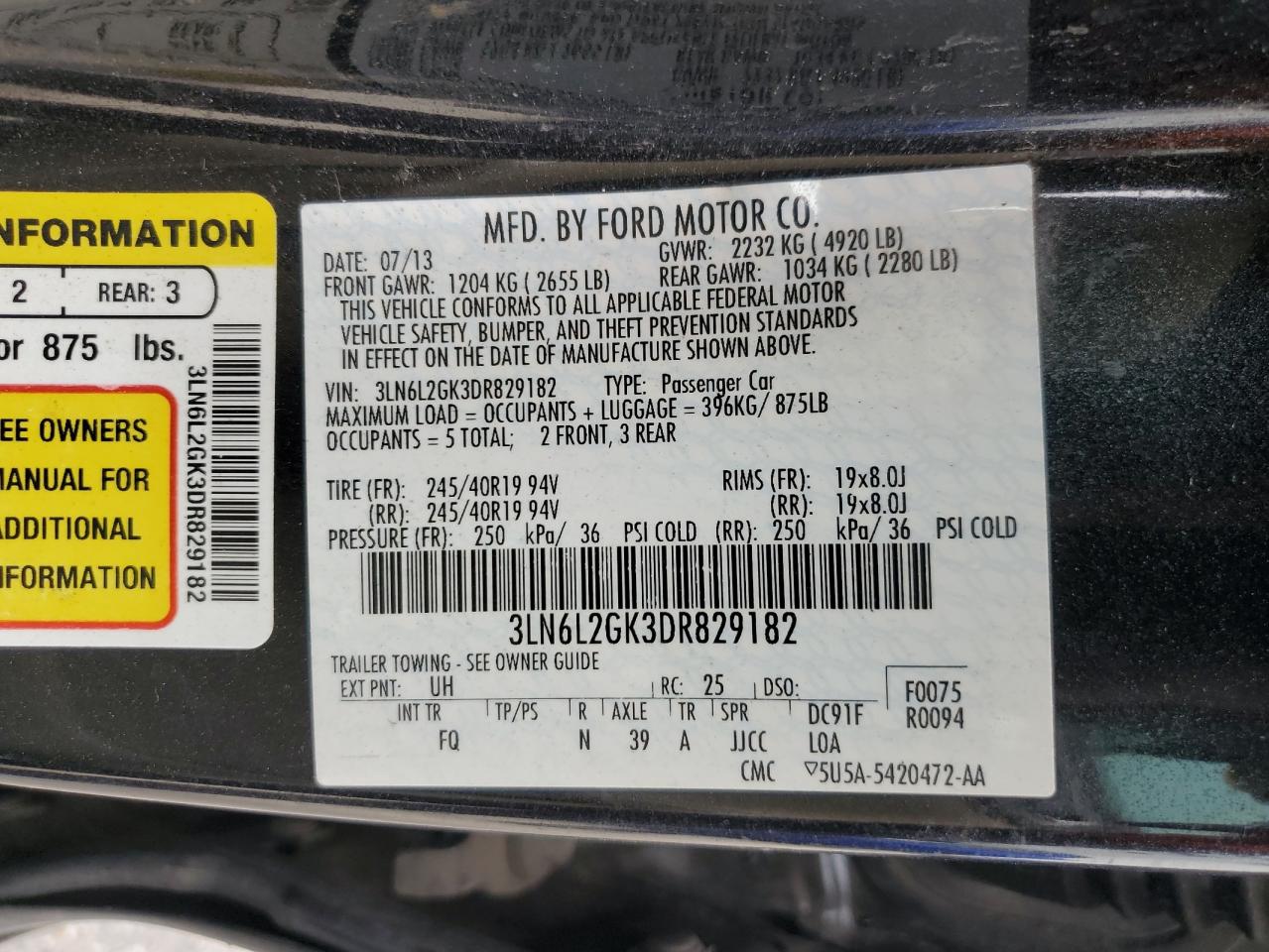 2013 Lincoln Mkz VIN: 3LN6L2GK3DR829182 Lot: 72044185