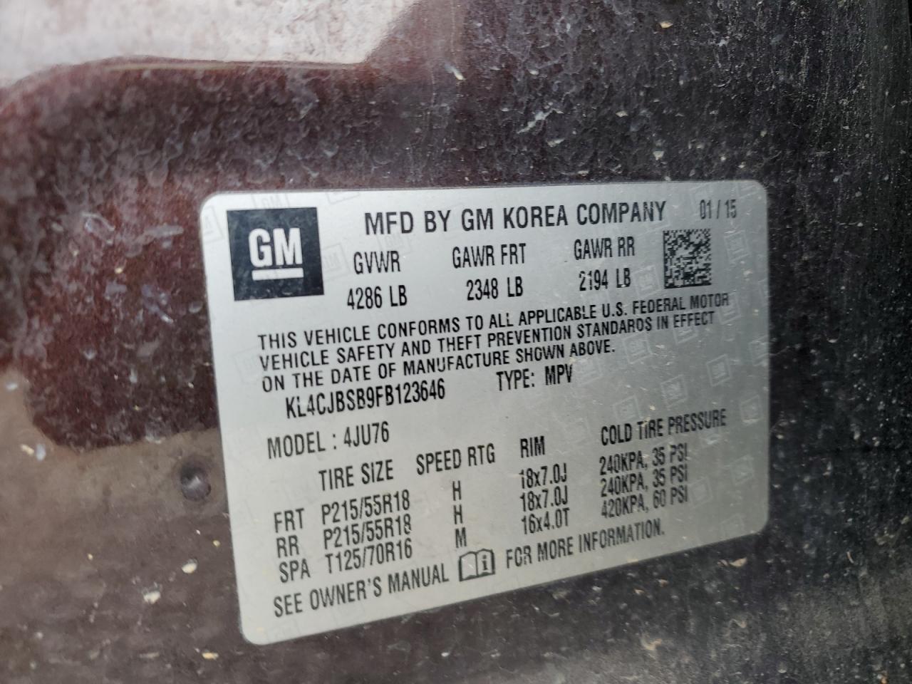 2015 Buick Encore Convenience VIN: KL4CJBSB9FB123646 Lot: 81625335