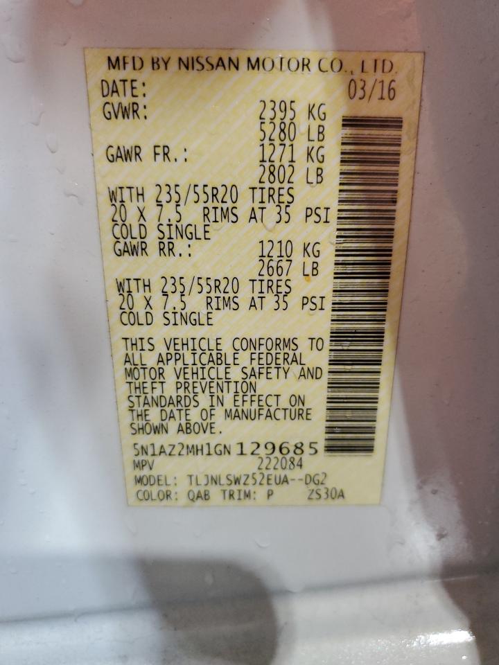 2016 Nissan Murano S VIN: 5N1AZ2MH1GN129685 Lot: 83867525